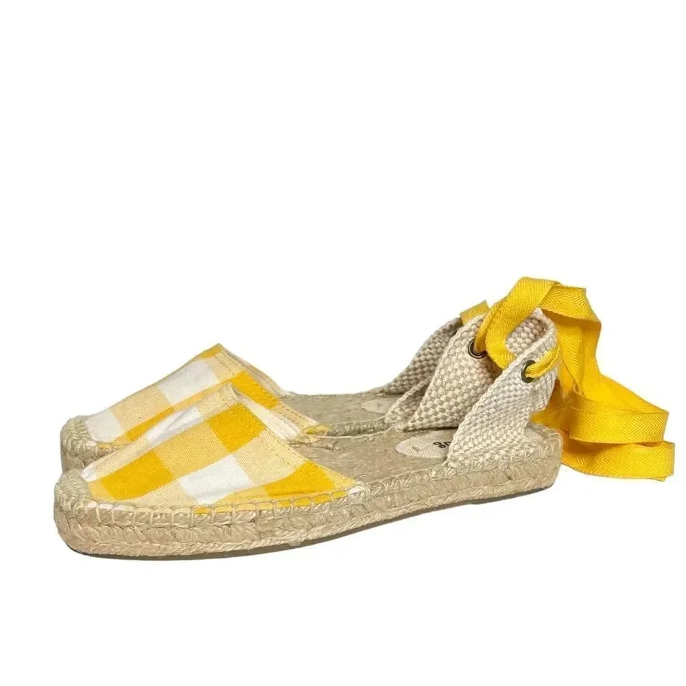 Soludos Lauren Espadrilles Size 7 Plaid Marigold Ankle Wrap Ties Jute EUC